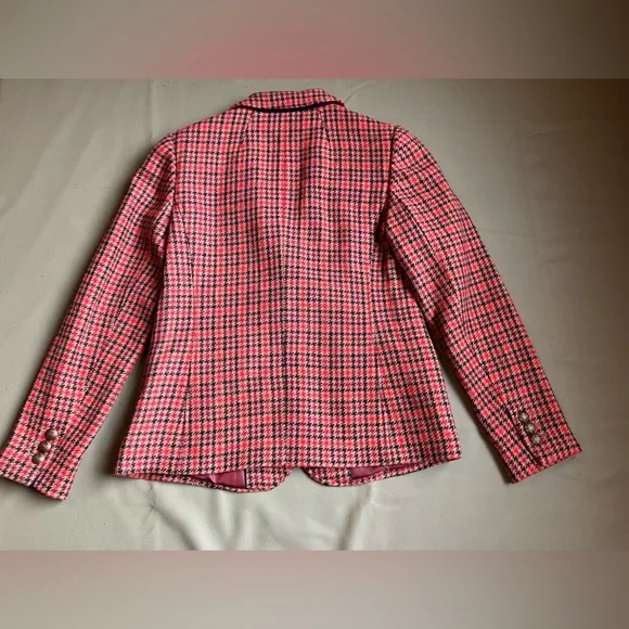 Red Houndstooth Blazer Wool Blend Crest Buttons Fully Lined Size 4 Talbots - Picture 6 of 10